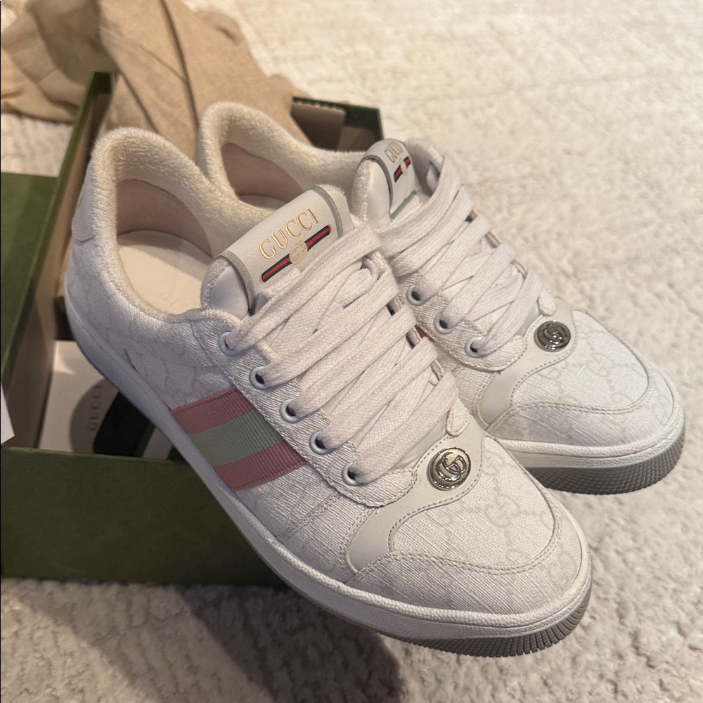 Gucci screener sneakers white green pink size 38